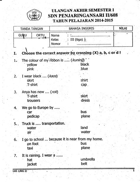 Contoh Soal Uts Bahasa Inggris Kelas 1 Sd Semester Ganjil