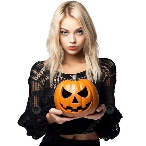 halloween serious blond girl with pumpkin holidays decoration party