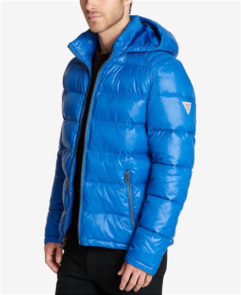 guess men s hooded puffer coat in blue for men save 65 lyst