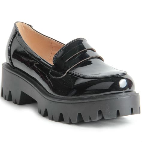 women ladies cleated chunky platform sole flat loafer black patent school shoes ebay