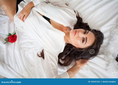 Girl In Lingerie Lying On A Bed With A Rose Stock Image Image Of