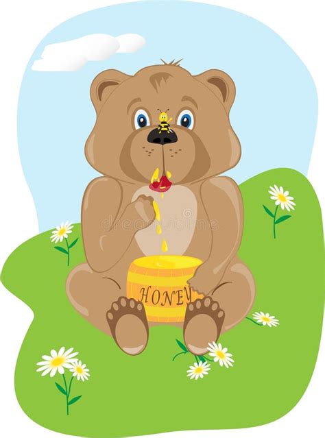 baby bear eating honey stock vector illustration  ecology
