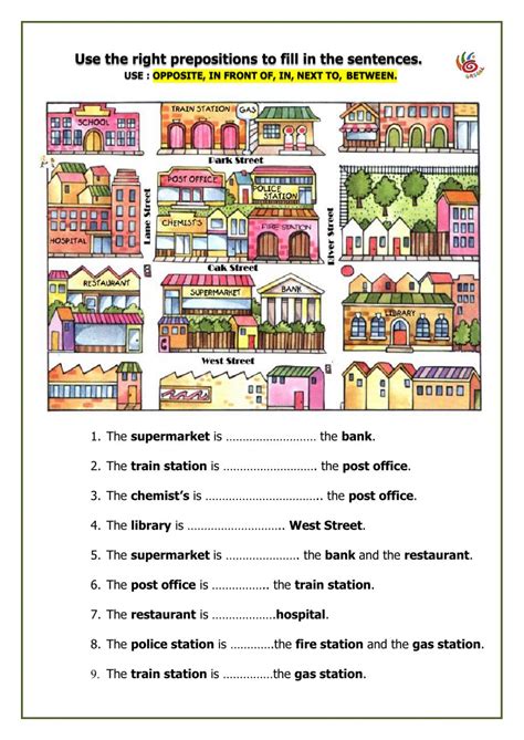 prepositions  town worksheet