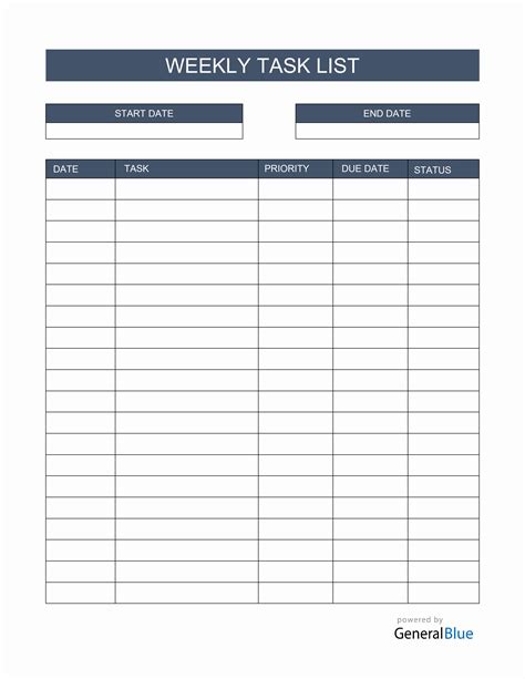 weekly task list template