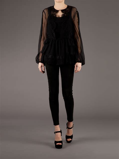 Lyst Emilio Pucci Lace Tiered Sheer Blouse In Black