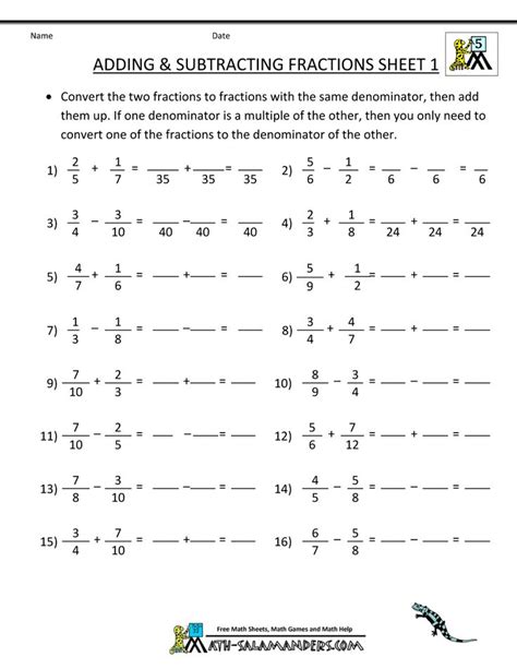 adding subtracting fractions worksheets subtracting fractions math