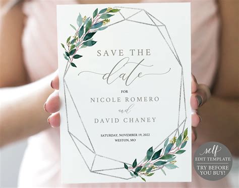 Save The Date Template Silver And Greenery Templett Try Before Yo