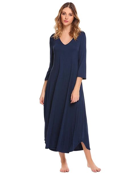 Women Soft Sleepwear V Neck 3 4 Sleeve Solid Loose Fit Nightgown Navy