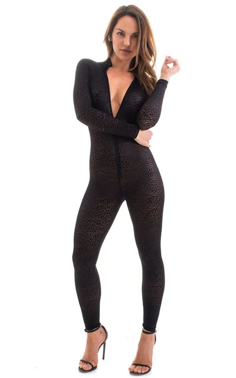 front zipper catsuit bodysuit for women in black barracuda lace