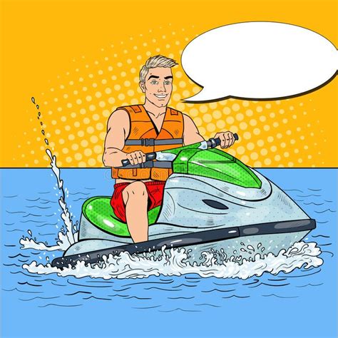 young man driving jet ski extreme water sports pop art illustration