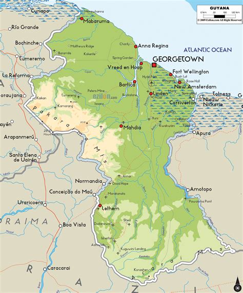 large detailed physical map  guyana  cities  airports guyana