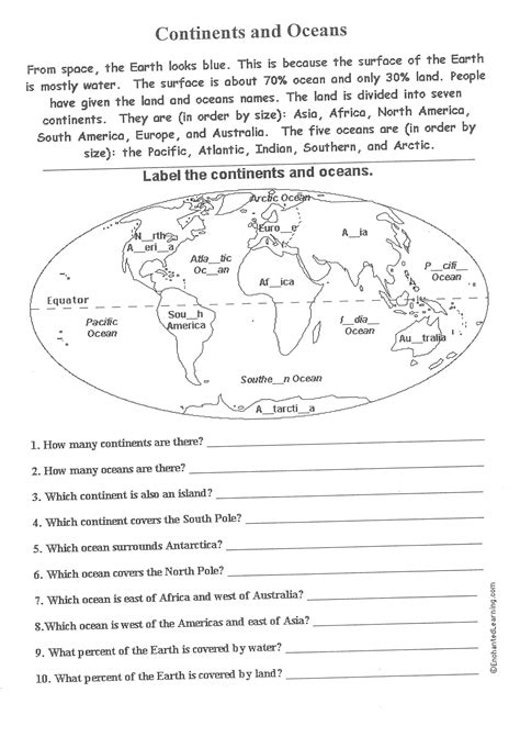 continents  oceans worksheet printable coloring pages