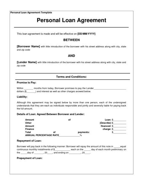 personal loan repayment agreement  printable documents personal