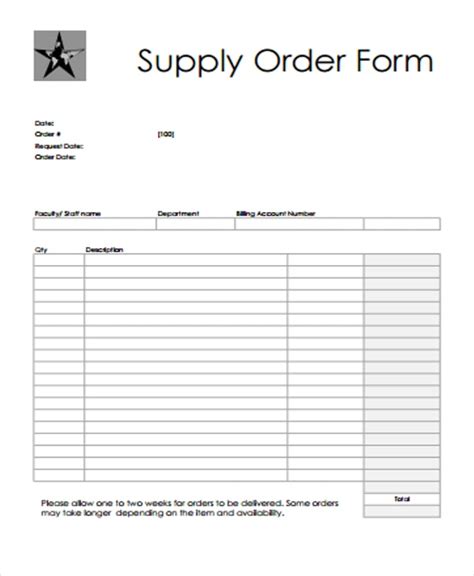 supply order form template hq printable documents images