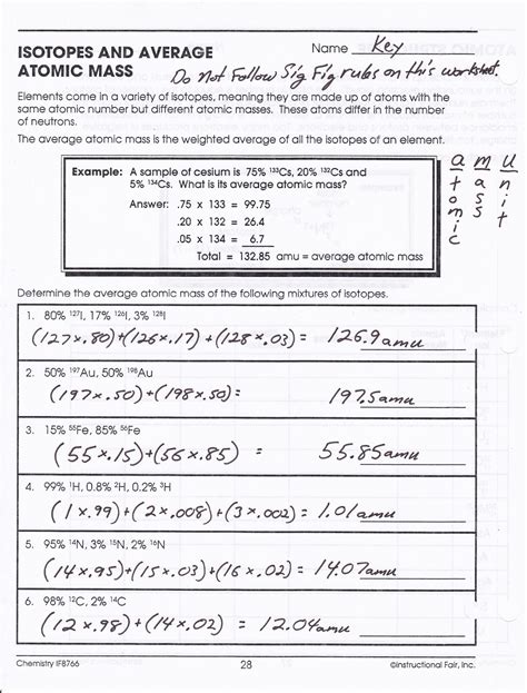 calculating average atomic mass worksheets answer key