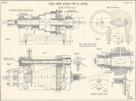 machine drawing lathe section  vintage industrial print