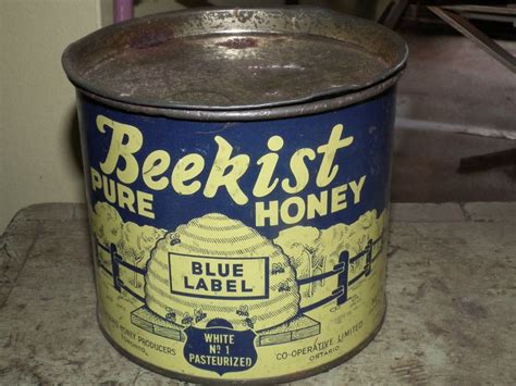 vintage beekist blue label honey tin ontario  lb canada vintage tins vintage bee hive tin