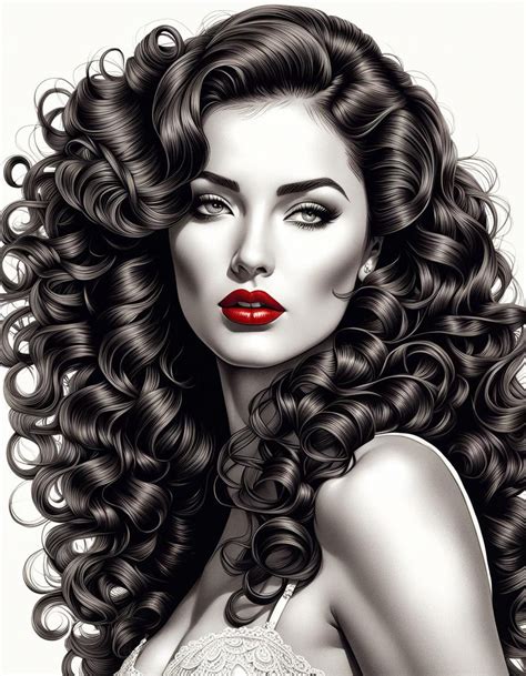 Pinup Girl Etching Brunette With Long Curly Hair Red Lipstick Pretty