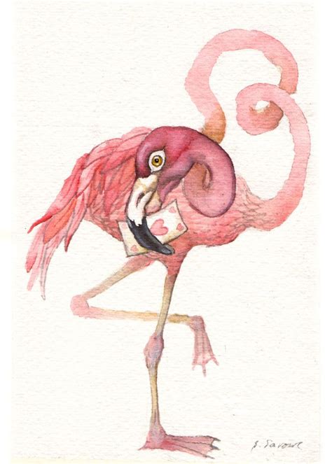 alice  wonderland original watercolor painting flamingo heart art