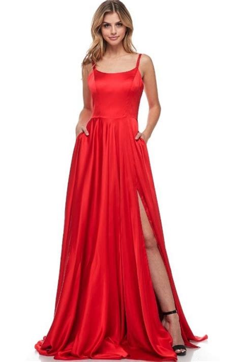 red prom dress with slit and flare shangri la