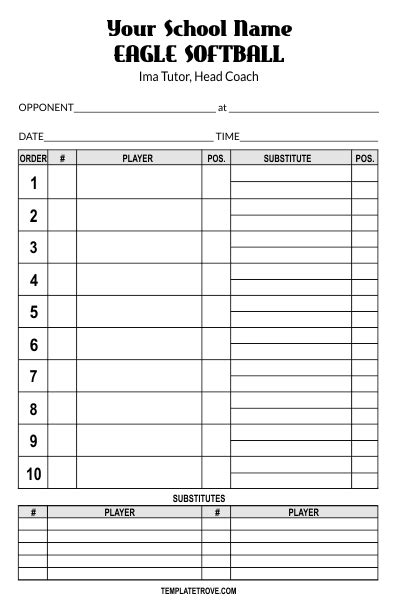 baseball lineup card template   printable templates lab