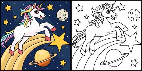 unicorn space coloring page colored illustration  vector art