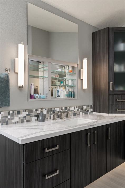 stylish gray master bathroom  mosaic tile backsplash hgtv