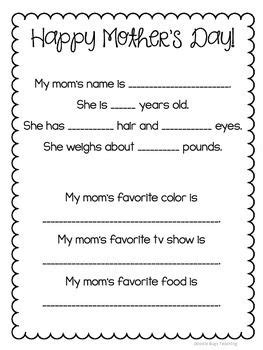 mothers day questionnaire   kindergarten math worksheets