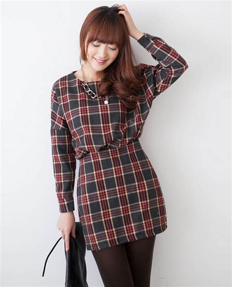 [2fb] Checkered Long Sleeved Dress Kstylick Latest Korean Fashion