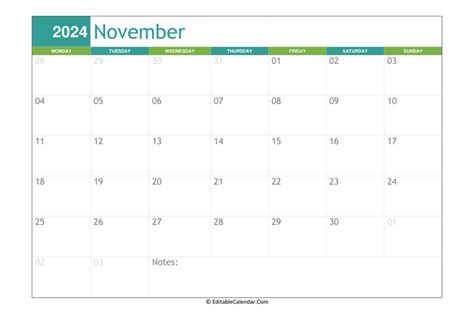 editable calendar november