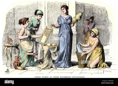Women In Ancient Greece Occupied With Sewing Spinning And Other