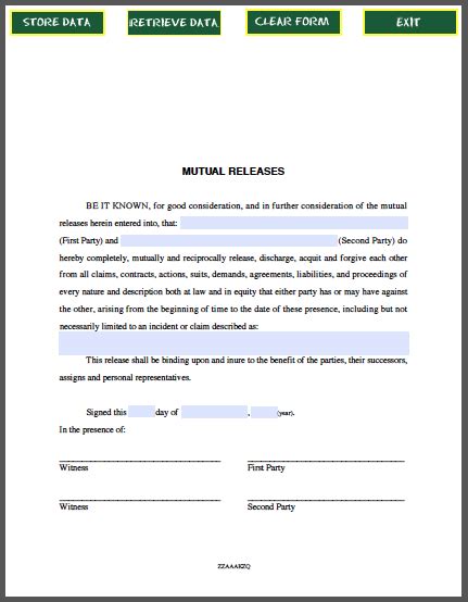 mutual releases agreement template  fillable  forms business