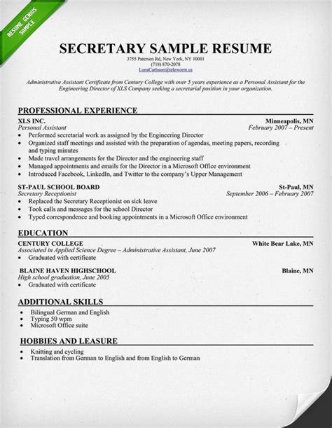 secretary resume sample   sample     template