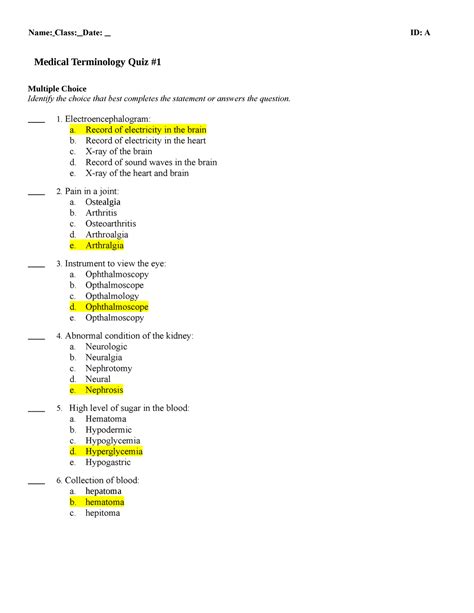 medical terminology quiz  student medical terminology quiz multiple