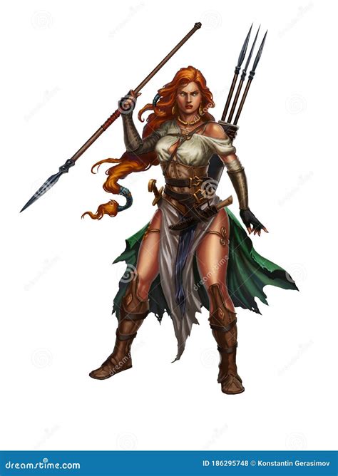 red haired girl warrior with a spear stock illustration illustration