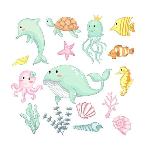 sea hand drawn vector png images set  illustration cute animal  plant  sea hand drawn