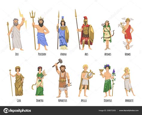 pantheon  ancient greek gods mythology set  characters  names flat vector