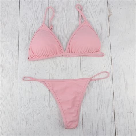 women solid pink white padded bra g string thong bikini micro swimwear