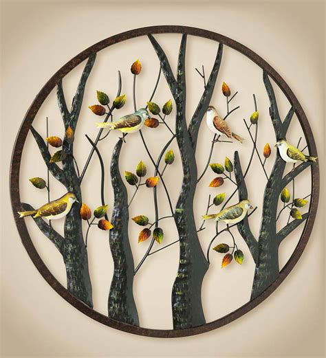 Metal Wall Art With Colorful Birds And Trees Plowhearth