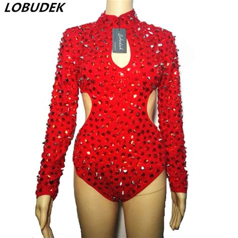 buy red rhinestones rivet bodysuit sexy hollow out