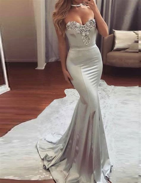 Fashion Sliver Sweetheart Mermaid Prom Evening Dresses Long Lace