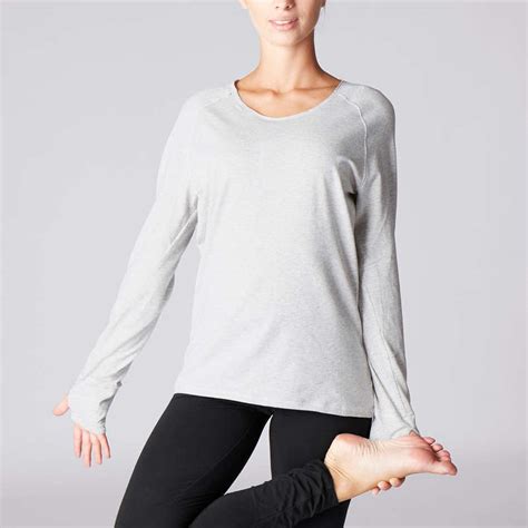 domyos organic cotton long sleeved yoga  shirt grey