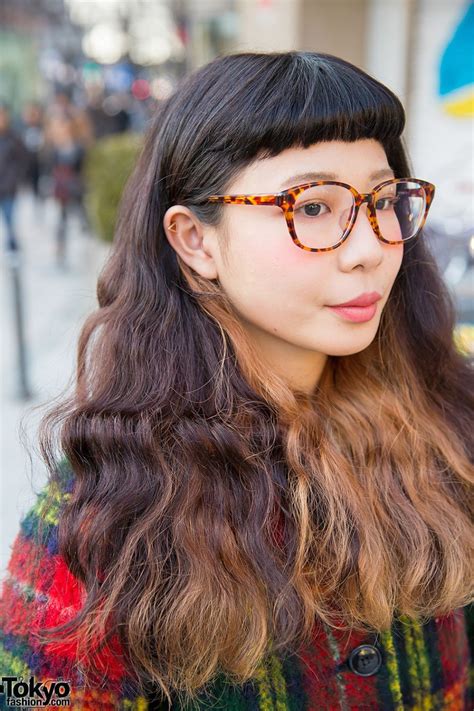 Harajuku Girl In Glasses W Kinji Plaid Coat Ombre Hair And Loafers