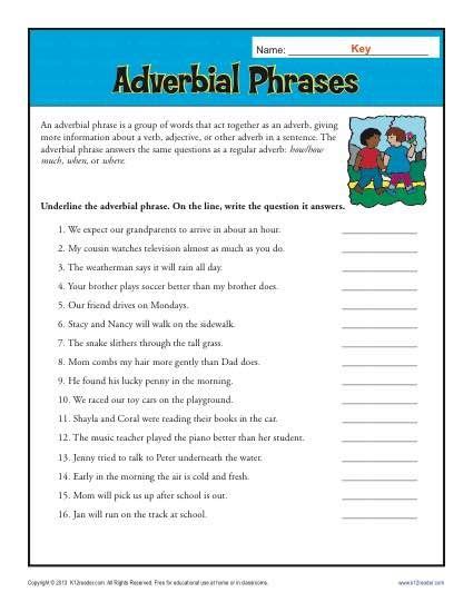 adverbial phrases  printable adverb worksheets adverbial