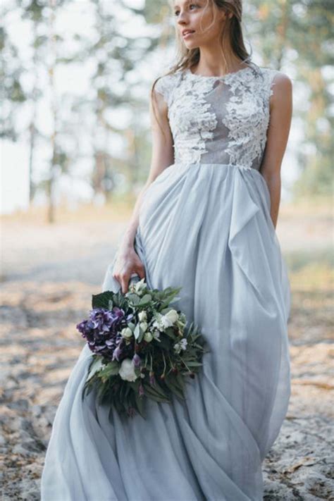 gray blue chiffon lace  neck long dressesbridesmaid dresses grey wedding dress boho