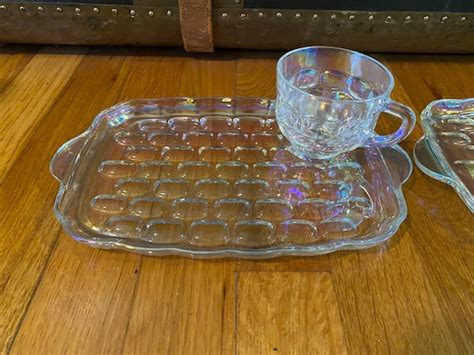 Vintage Federal Glass Iridescent Thumb Print Snack Trays And Etsy