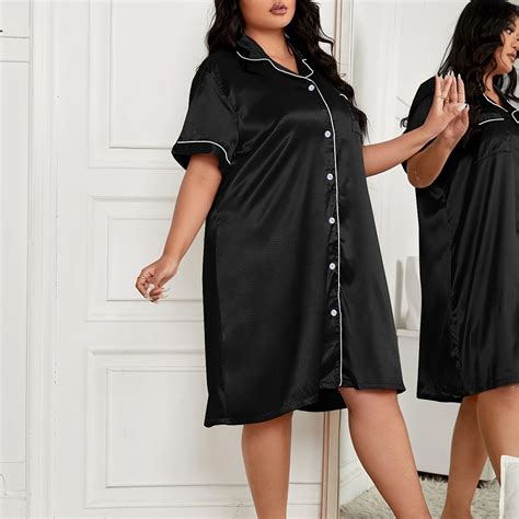 Plus Size Elegant Nightgown Womens Plus Short Sleeve Button Up V Neck