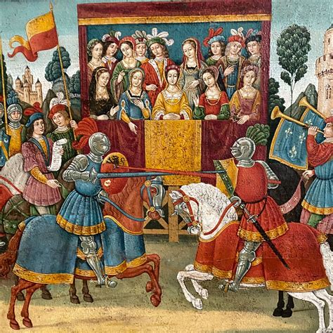 medieval jousting match oil  panel painting  century etsy
