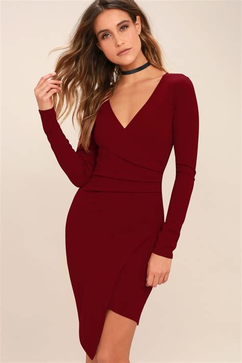 sexy dark red dress long sleeve dress bodycon dress