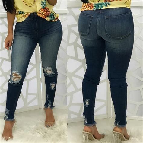 Qmgood High Quality Women Sexy Hole Mom Jeans High Waist Stretch Jeans